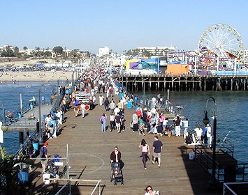 The Santa Monica Pier looking inland from the end.